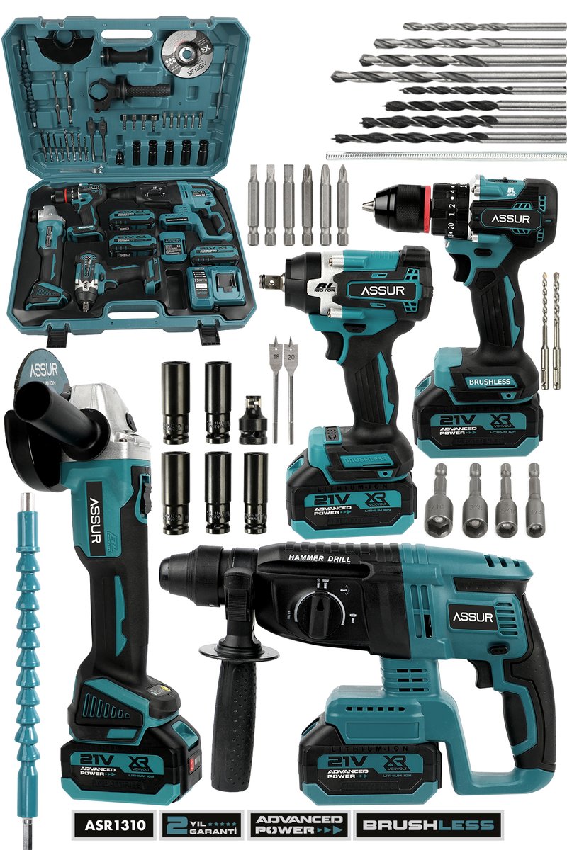 Assur 4'LÜ Set Şarjlı Darbeli Matkap 13MM + Kırıcı Delici 26MM + Somun Sıkma 320N.M + Taşlama 125MM Mavi