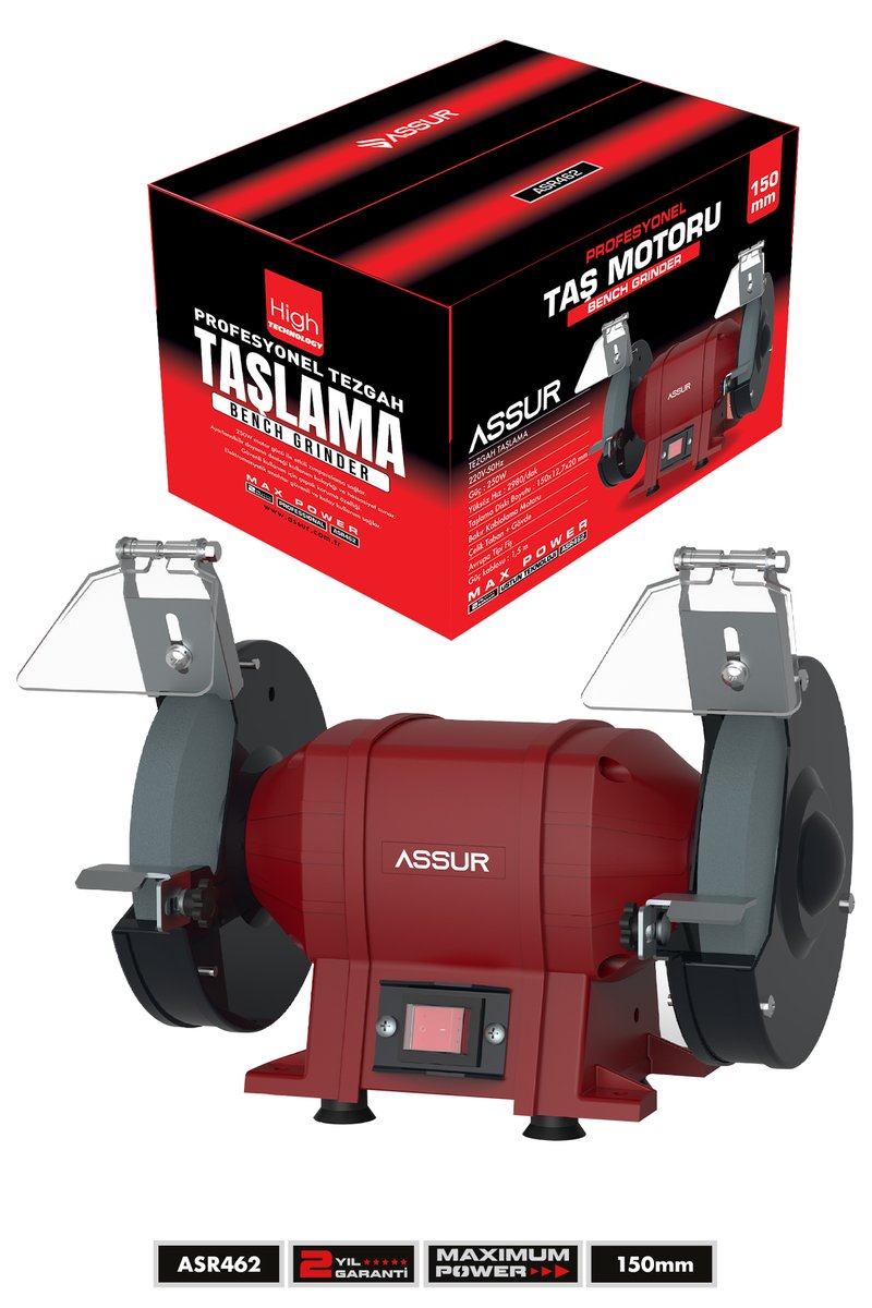 Assur 150 Mm Taş Motoru Tezgahüstü Taşlama Kırmızı