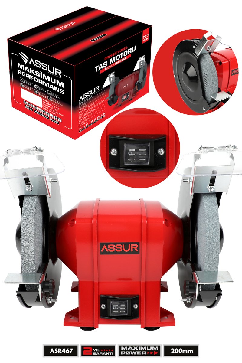 Assur 200 Mm Taş Motoru Tezgahüstü Taşlama Kırmızı