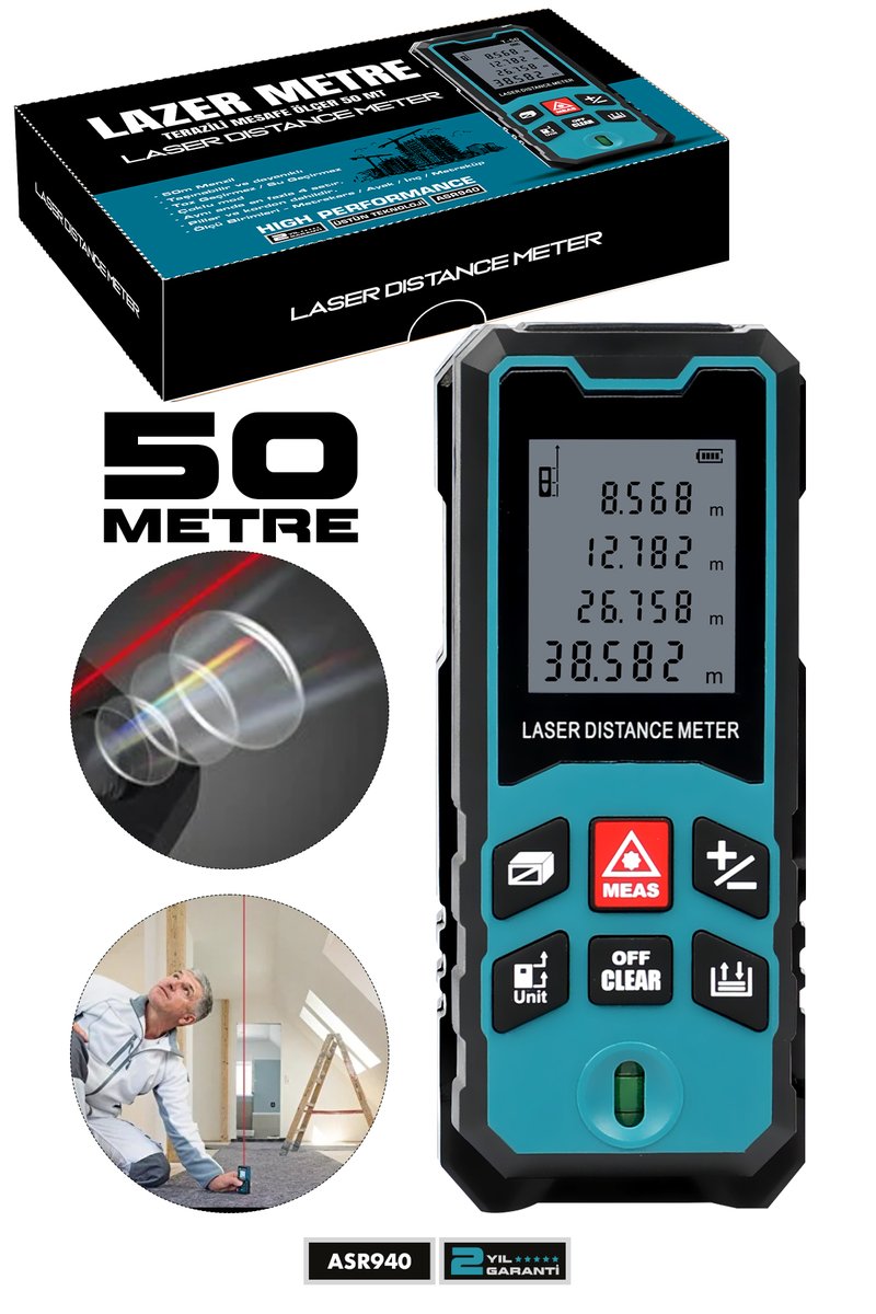 Assur Lazer Terazili Dijital Mesafe Ölçer 50 Metre Mavi