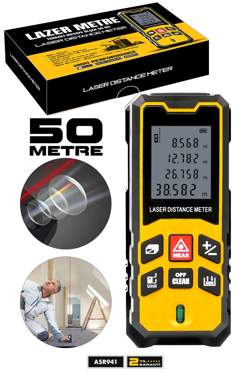 Assur Lazer Terazili Dijital Mesafe Ölçer 50 Metre Sarı