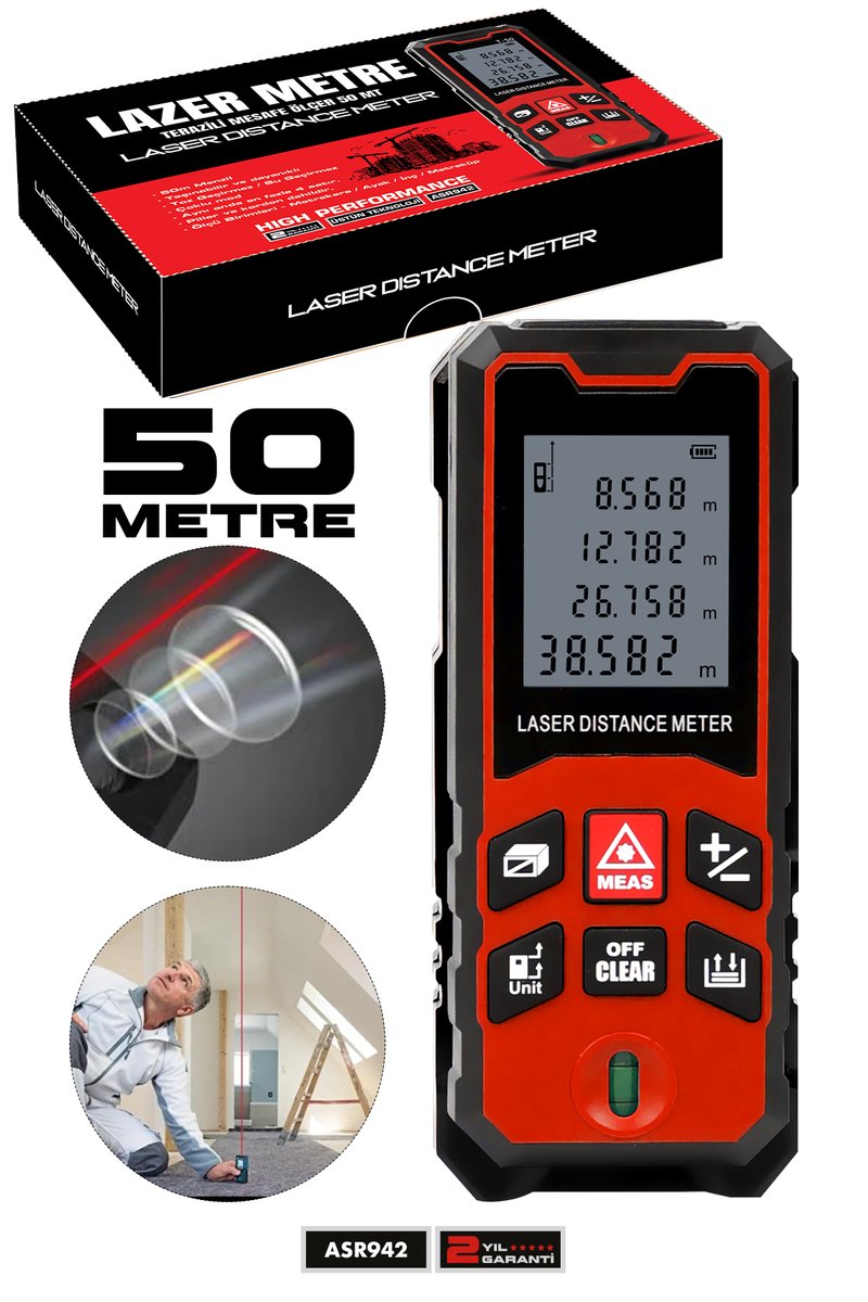 Assur Lazer Terazili Dijital Mesafe Ölçer 50 Metre Kırmızı